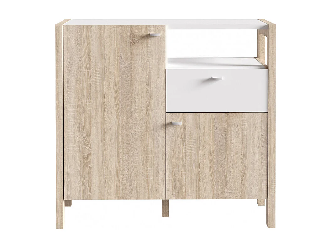 Buffet moderne 1 tiroir 2 portes décor blanc et chêne - NORWAY
