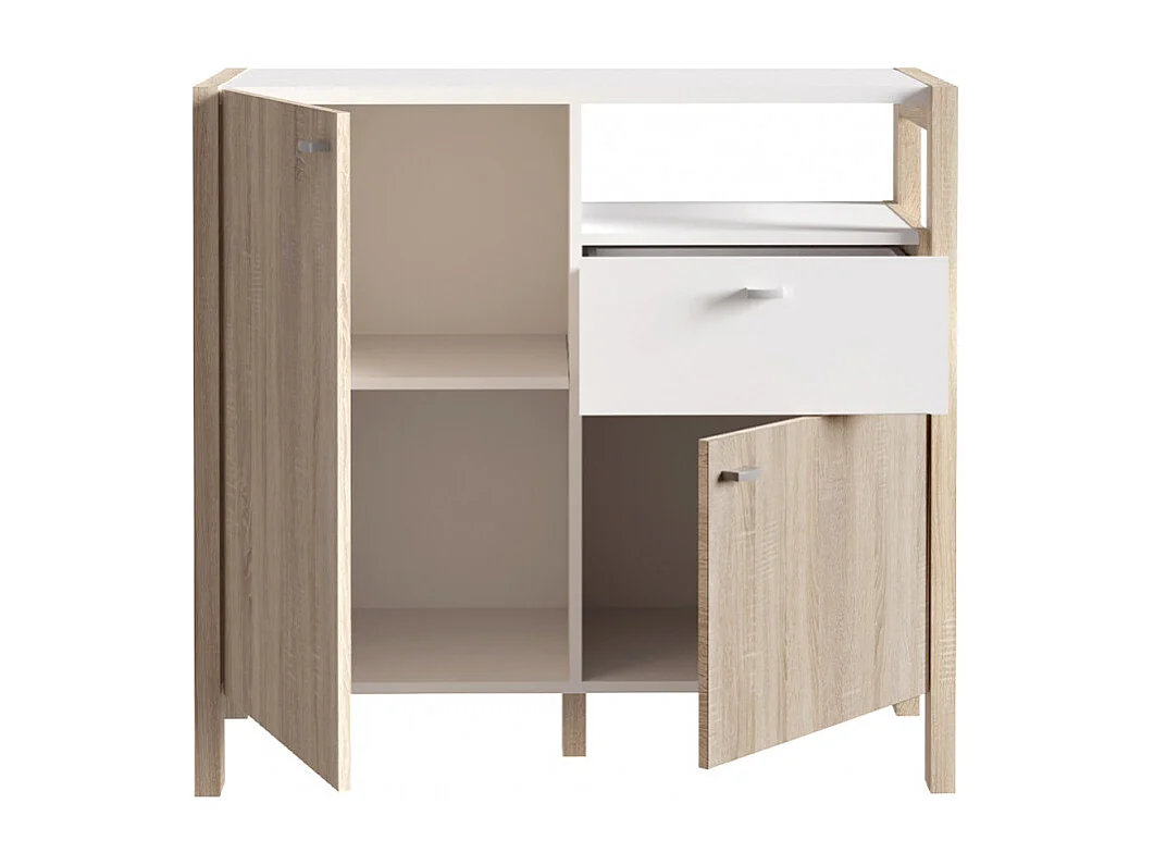 Buffet moderne 1 tiroir 2 portes décor blanc et chêne - NORWAY