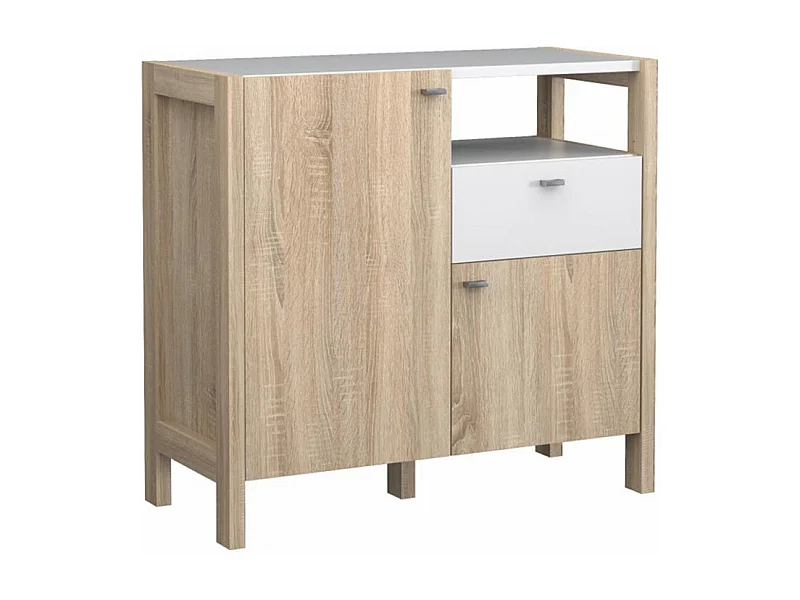 Buffet moderne 1 tiroir 2 portes décor blanc et chêne - NORWAY