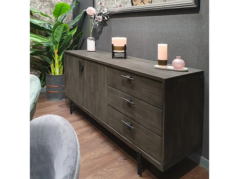 Buffet en bois d'acacia massif cendré avec piètement métal noir - KUBI