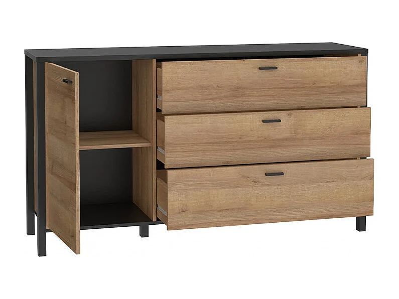 Buffet 151 cm 1 porte 3 tiroirs décor bois de chêne et noir - MODE