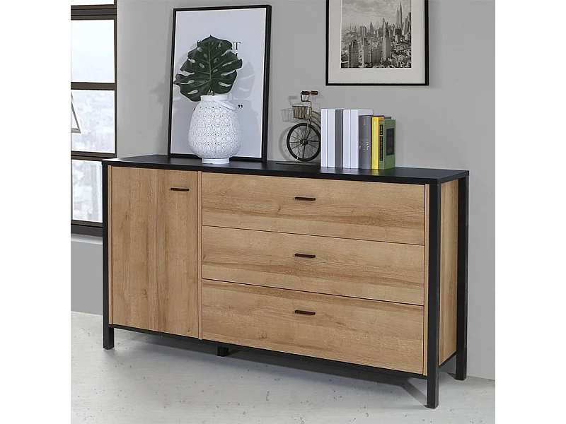 Buffet 151 cm 1 porte 3 tiroirs décor bois de chêne et noir - MODE
