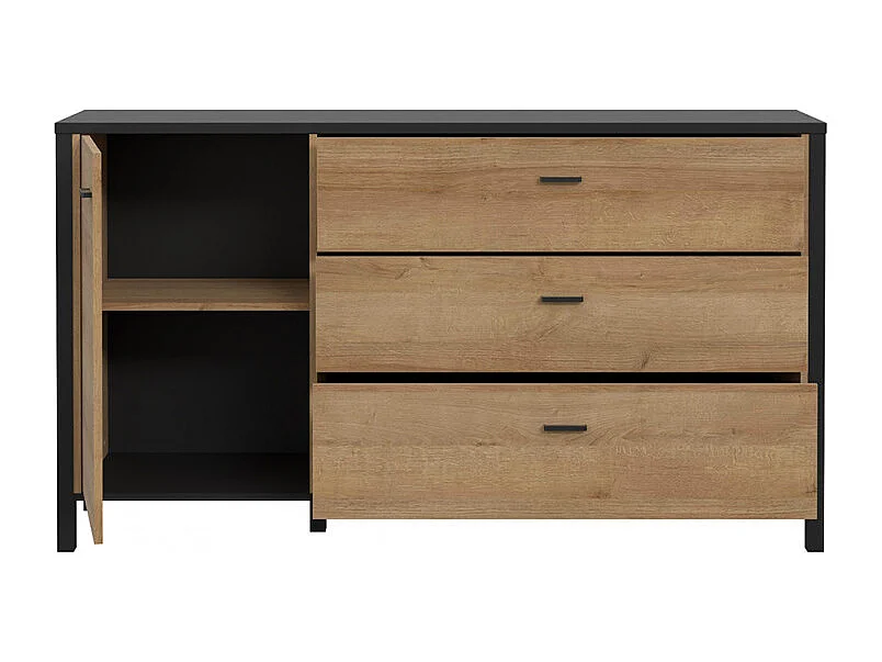 Buffet 151 cm 1 porte 3 tiroirs décor bois de chêne et noir - MODE