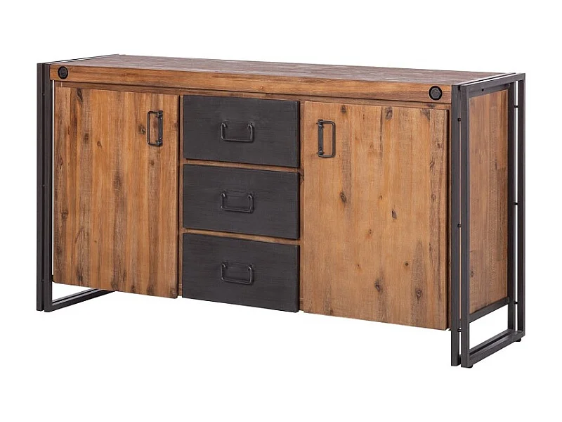 Buffet 180 cm 2 portes et 3 tiroirs bois massif et métal - WORKSHOP