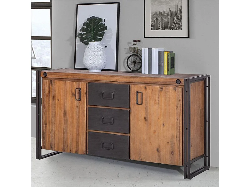 Buffet 180 cm 2 portes et 3 tiroirs bois massif et métal - WORKSHOP