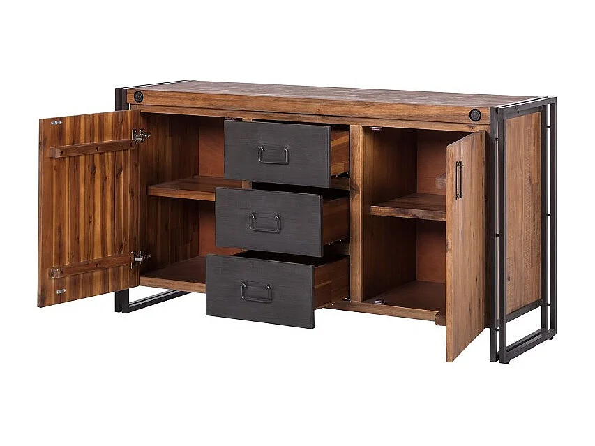 Buffet 180 cm 2 portes et 3 tiroirs bois massif et métal - WORKSHOP