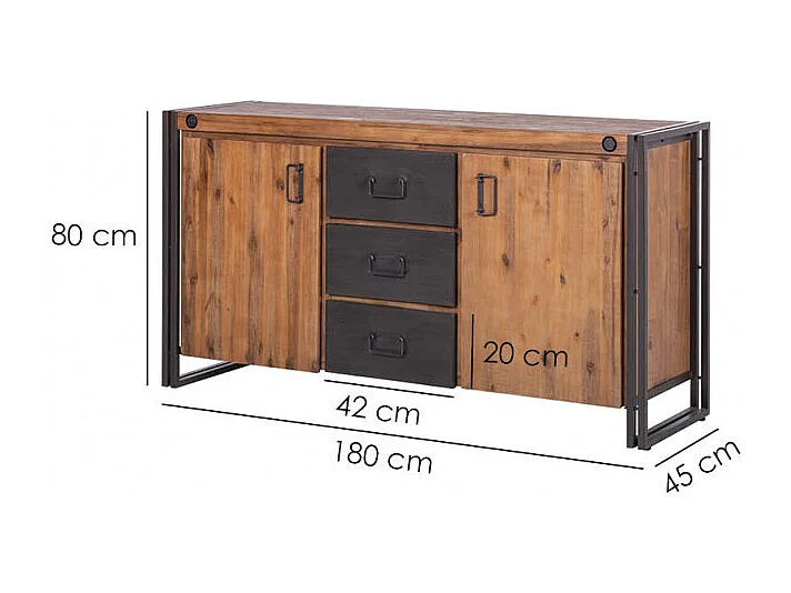 Buffet 180 cm 2 portes et 3 tiroirs bois massif et métal - WORKSHOP