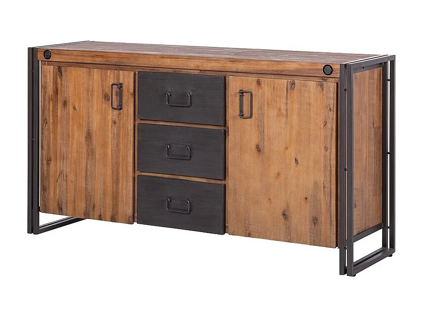 Buffet 180 cm 2 portes et 3 tiroirs bois massif et métal - WORKSHOP