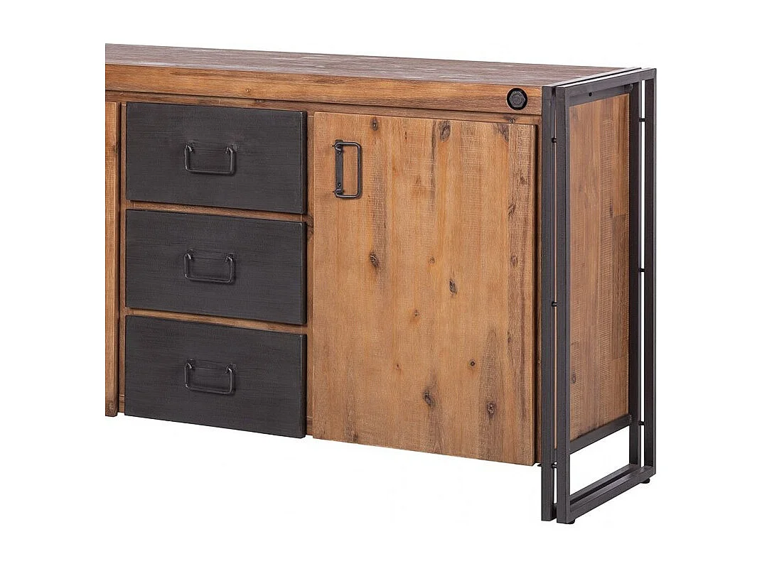 Buffet 180 cm 2 portes et 3 tiroirs bois massif et métal - WORKSHOP