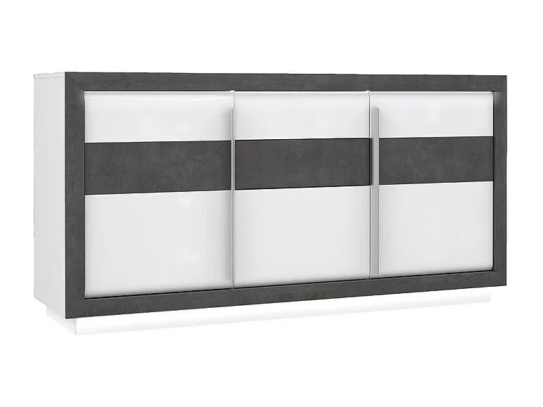 Buffet 193 cm 3 portes blanc laqué décor gris béton avec LED - CALVI