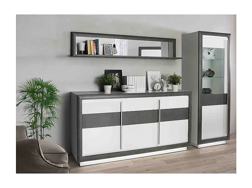 Buffet 193 cm 3 portes blanc laqué décor gris béton avec LED - CALVI