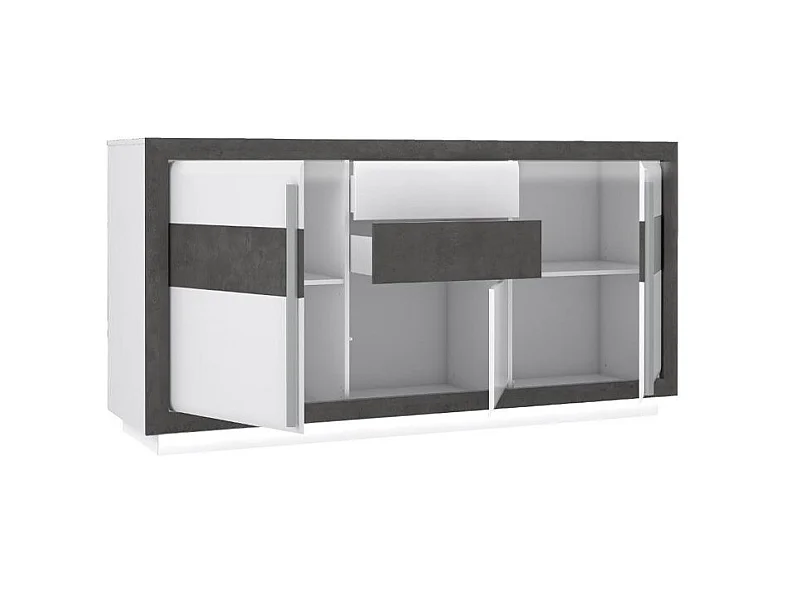 Buffet 193 cm 3 portes blanc laqué décor gris béton avec LED - CALVI