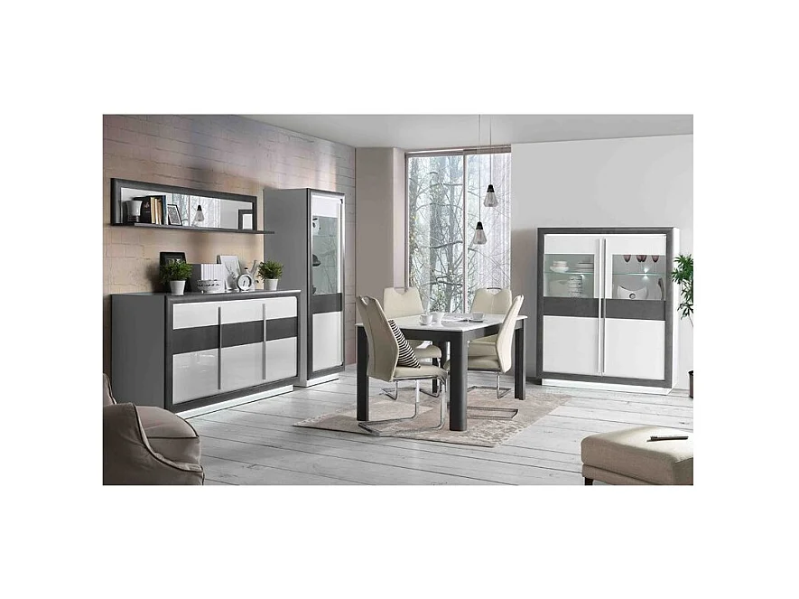 Buffet 193 cm 3 portes blanc laqué décor gris béton avec LED - CALVI