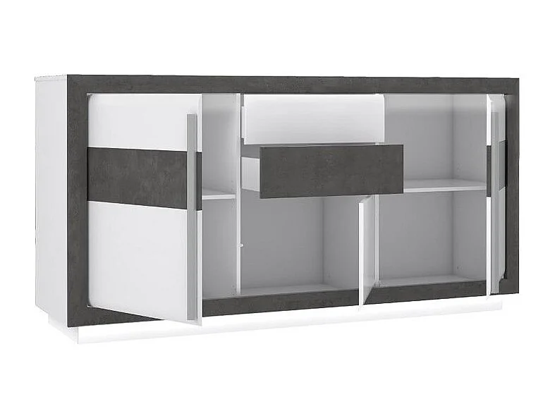 Buffet 193 cm 3 portes blanc laqué décor gris béton avec LED - CALVI