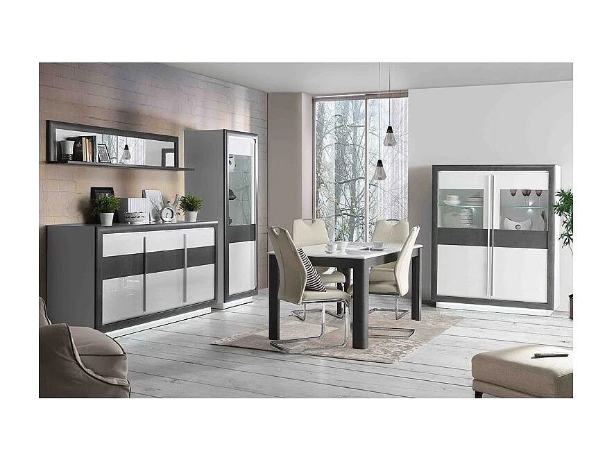 Buffet 193 cm 3 portes blanc laqué décor gris béton avec LED - CALVI