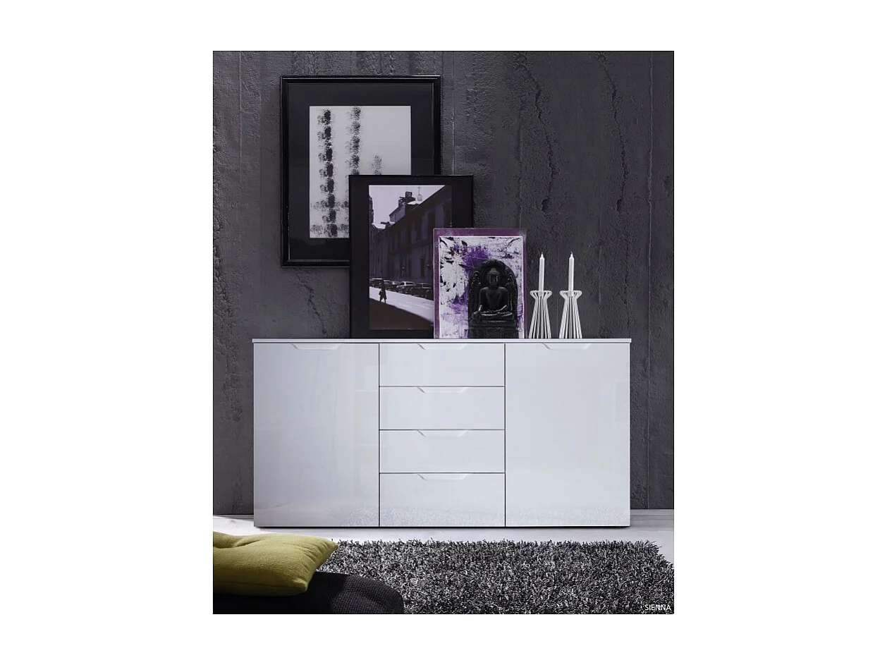 Buffet 165 cm blanc laqué et mat 2 portes et 4 tiroirs - PURE