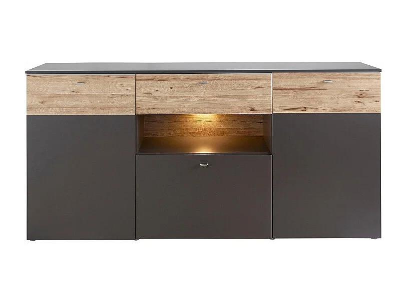 Buffet 195 cm 3 portes 3 tiroirs décor chêne clair et gris - MARBELLA