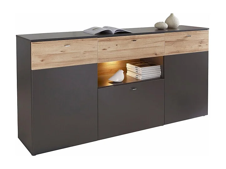 Buffet 195 cm 3 portes 3 tiroirs décor chêne clair et gris - MARBELLA