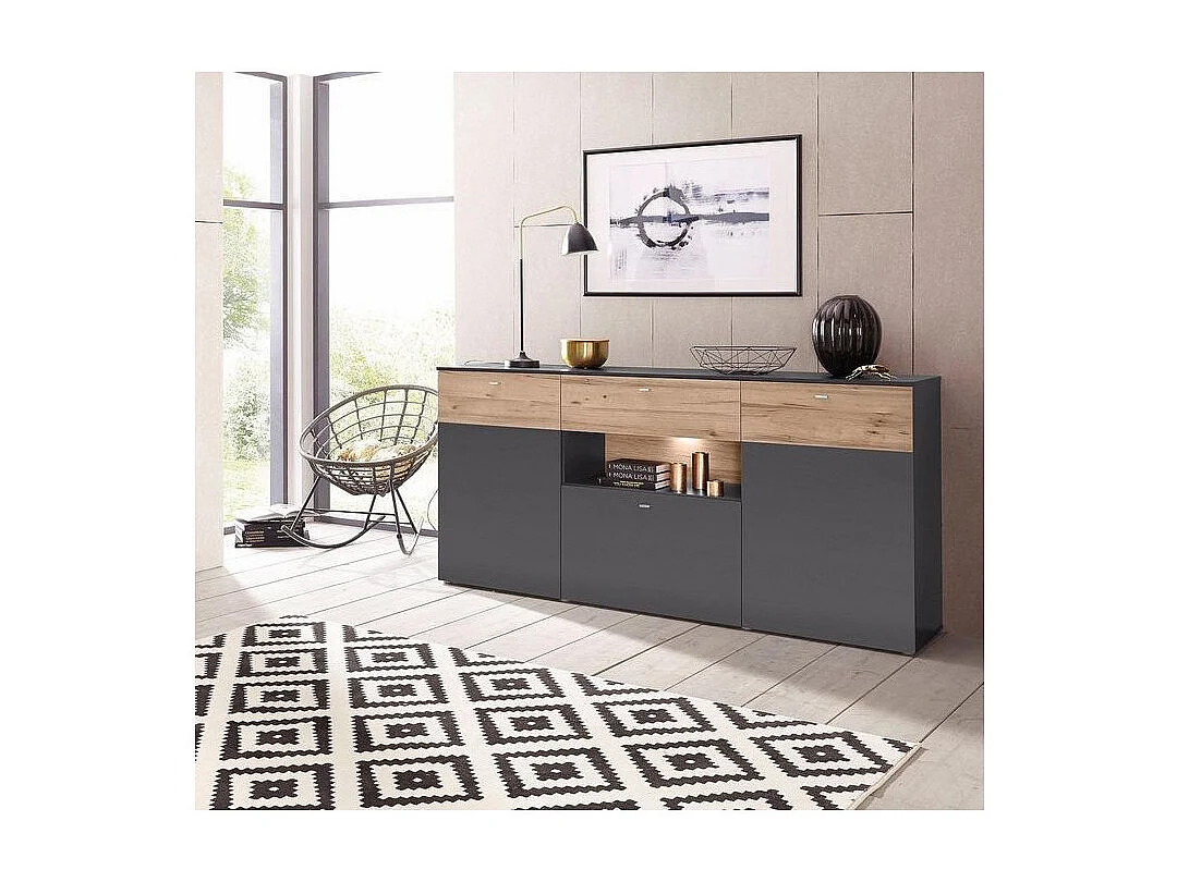 Buffet 195 cm 3 portes 3 tiroirs décor chêne clair et gris - MARBELLA