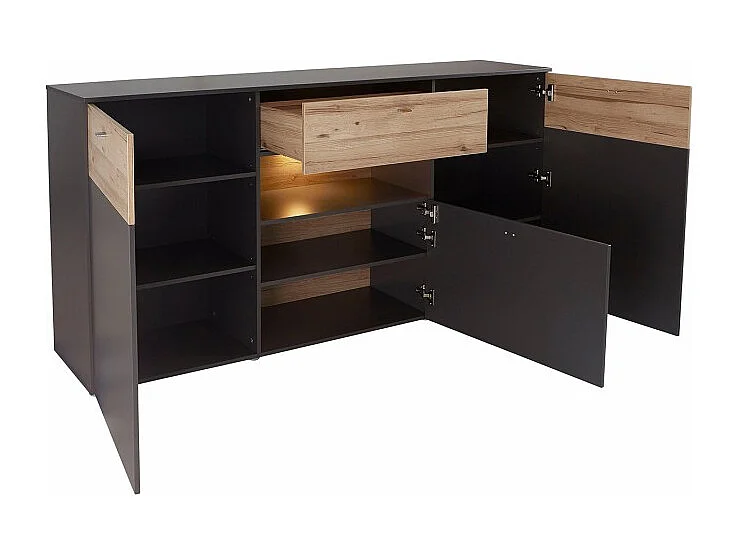 Buffet 195 cm 3 portes 3 tiroirs décor chêne clair et gris - MARBELLA