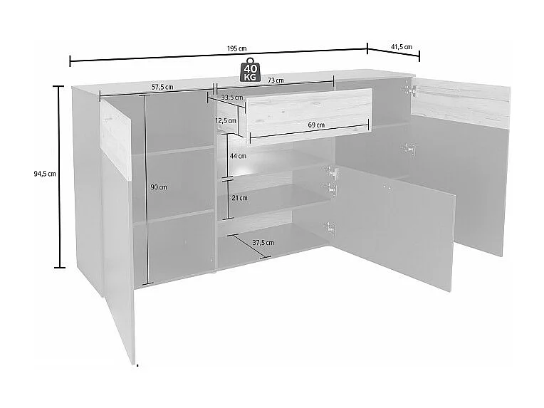 Buffet 195 cm 3 portes 3 tiroirs décor chêne clair et gris - MARBELLA