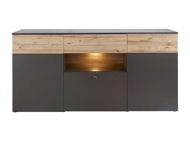 Buffet 195 cm 3 portes 3 tiroirs décor chêne clair et gris - MARBELLA