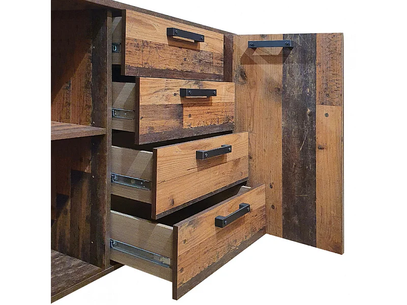 Buffet 206 cm 3 portes 4 tiroirs décor bois vieilli et béton - BUCK