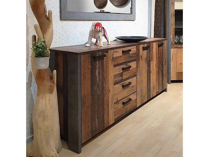 Buffet 206 cm 3 portes 4 tiroirs décor bois vieilli et béton - BUCK