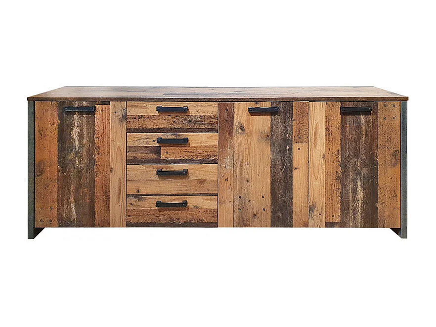 Buffet 206 cm 3 portes 4 tiroirs décor bois vieilli et béton - BUCK