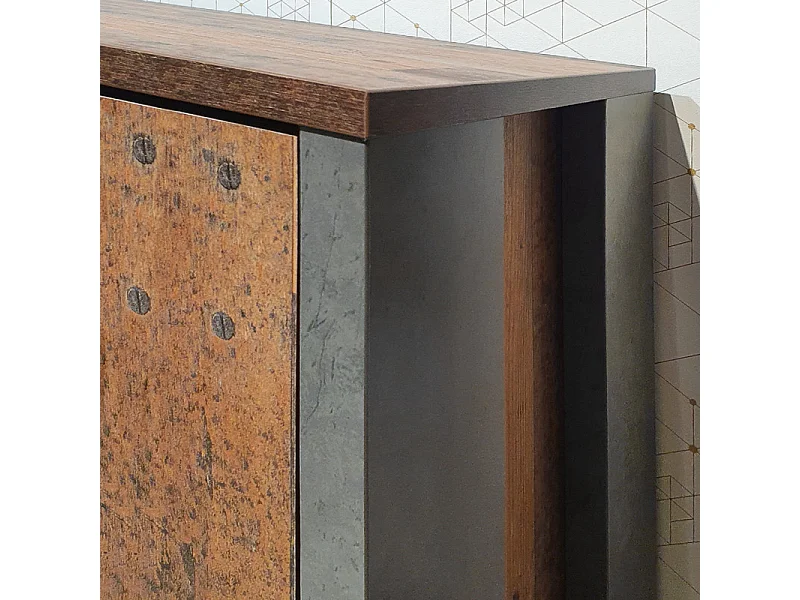 Buffet 206 cm 3 portes 4 tiroirs décor bois vieilli et béton - BUCK