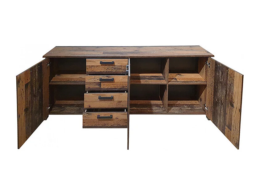 Buffet 206 cm 3 portes 4 tiroirs décor bois vieilli et béton - BUCK
