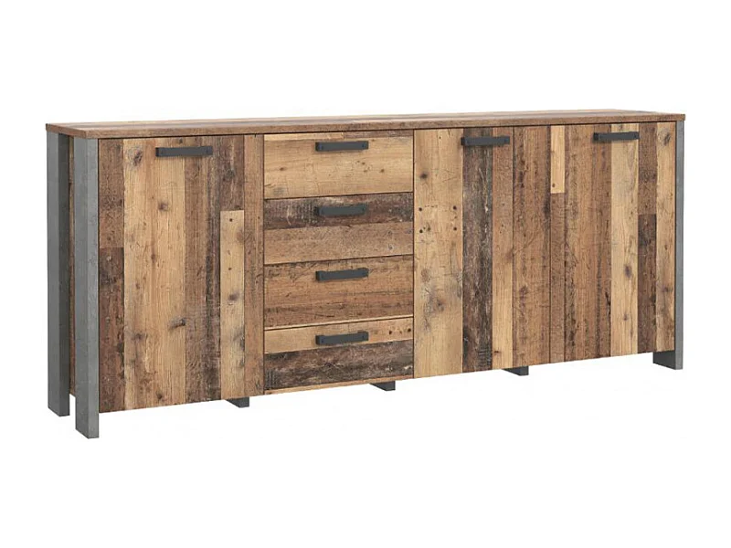 Buffet 206 cm 3 portes 4 tiroirs décor bois vieilli et béton - BUCK