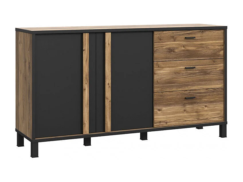 Buffet 155 cm 2 portes 3 tiroirs décor bois noir pieds noir - CELIA