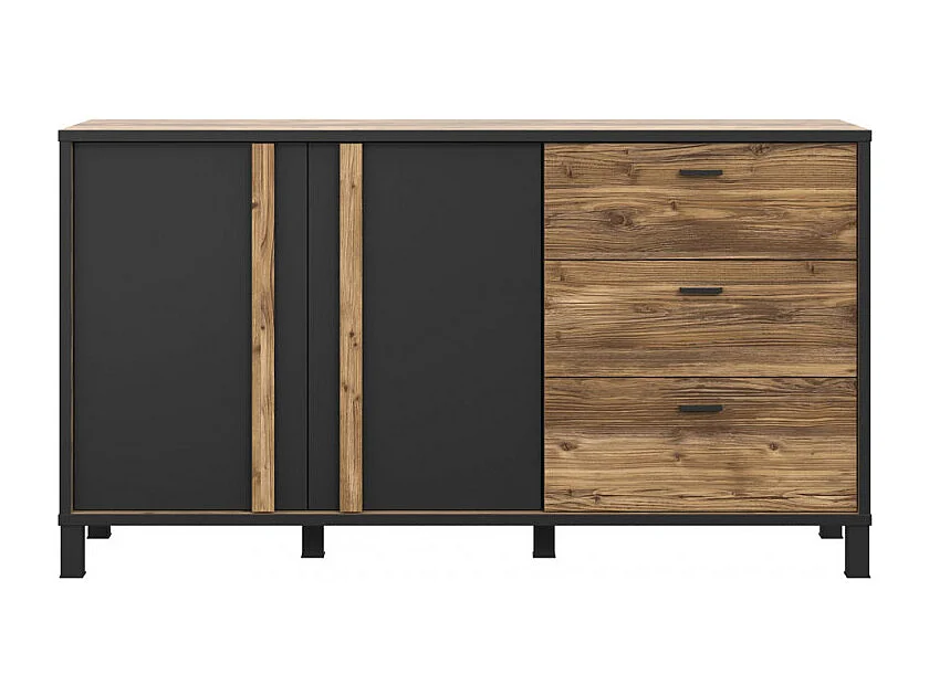Buffet 155 cm 2 portes 3 tiroirs décor bois noir pieds noir - CELIA