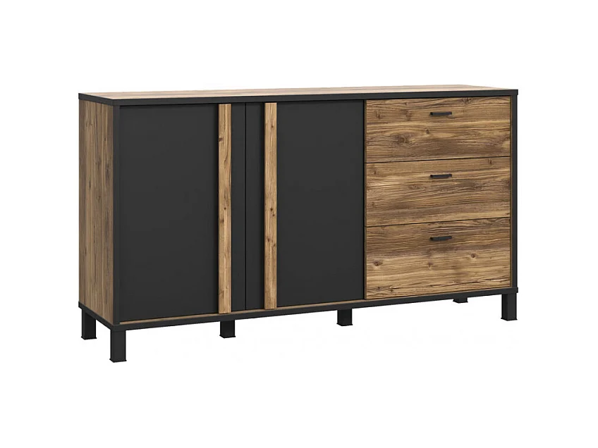 Buffet 155 cm 2 portes 3 tiroirs décor bois noir pieds noir - CELIA