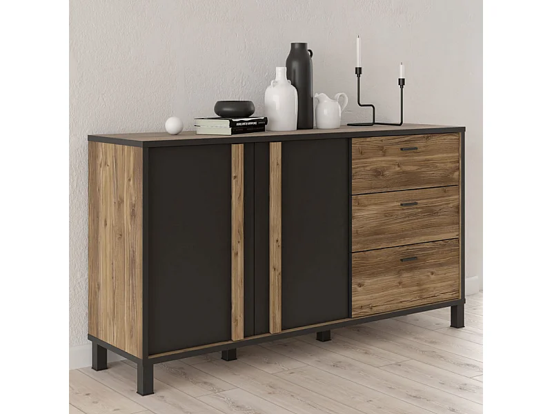Buffet 155 cm 2 portes 3 tiroirs décor bois noir pieds noir - CELIA