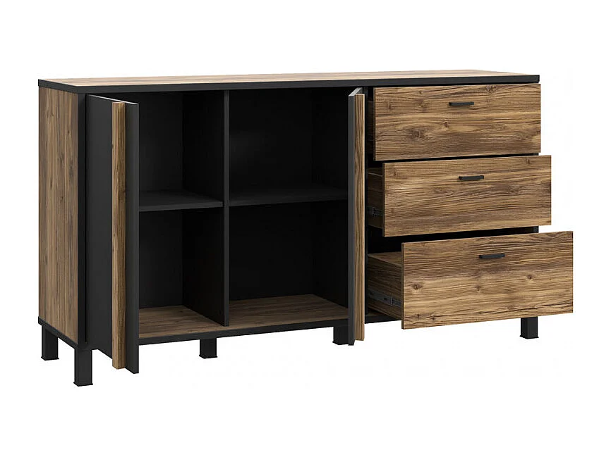 Buffet 155 cm 2 portes 3 tiroirs décor bois noir pieds noir - CELIA