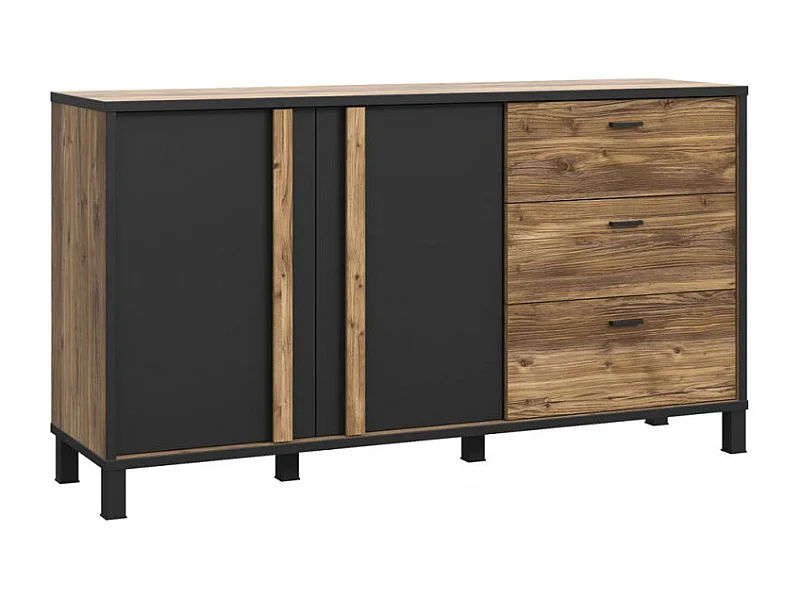 Buffet 155 cm 2 portes 3 tiroirs décor bois noir pieds noir - CELIA