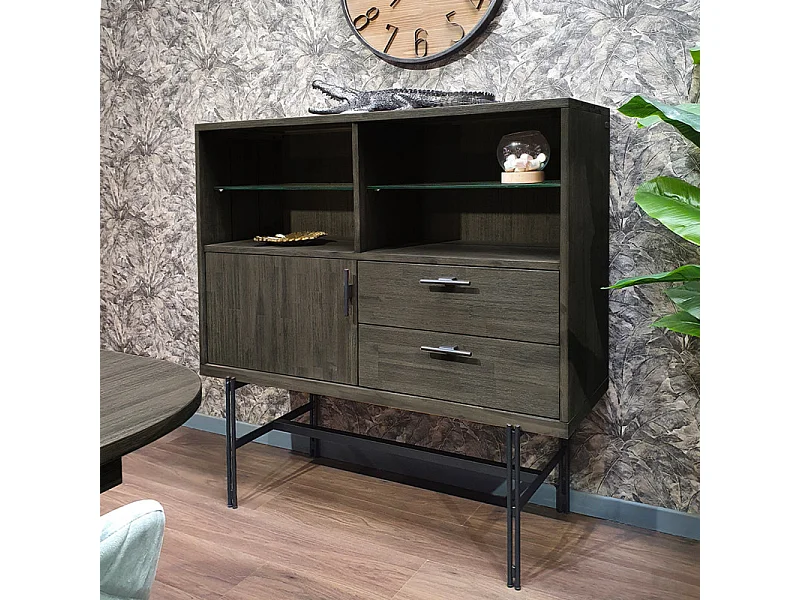 Bahut en bois d'acacia massif cendré avec piètement métal noir - KUBI