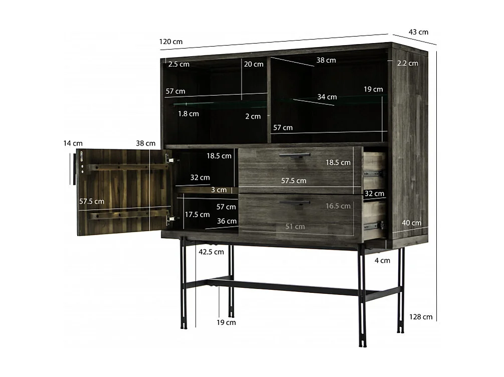 Bahut en bois d'acacia massif cendré avec piètement métal noir - KUBI