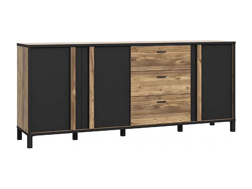 Buffet 200 cm 3 portes 3 tiroirs décor bois et noir mat - CELIA