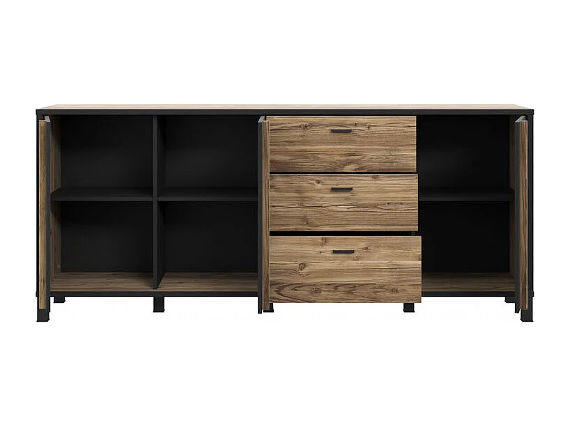 Buffet 200 cm 3 portes 3 tiroirs décor bois et noir mat - CELIA