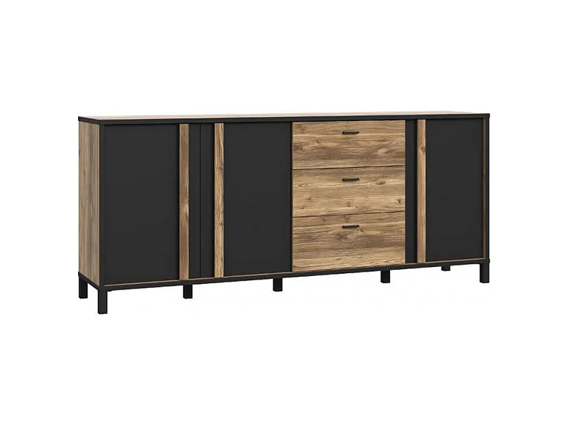 Buffet 200 cm 3 portes 3 tiroirs décor bois et noir mat - CELIA