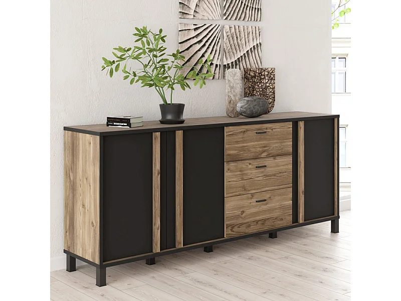 Buffet 200 cm 3 portes 3 tiroirs décor bois et noir mat - CELIA