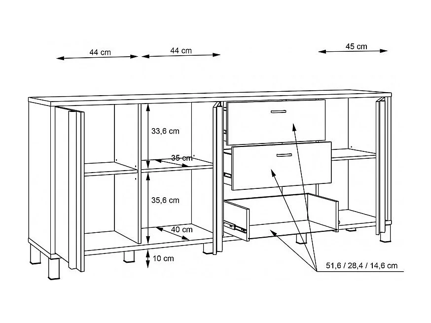 Buffet 200 cm 3 portes 3 tiroirs décor bois et noir mat - CELIA