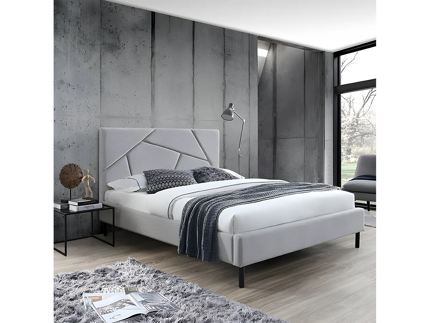 Lit double 160 x 200 cm en tissu gris + sommier fixe - ALASKA