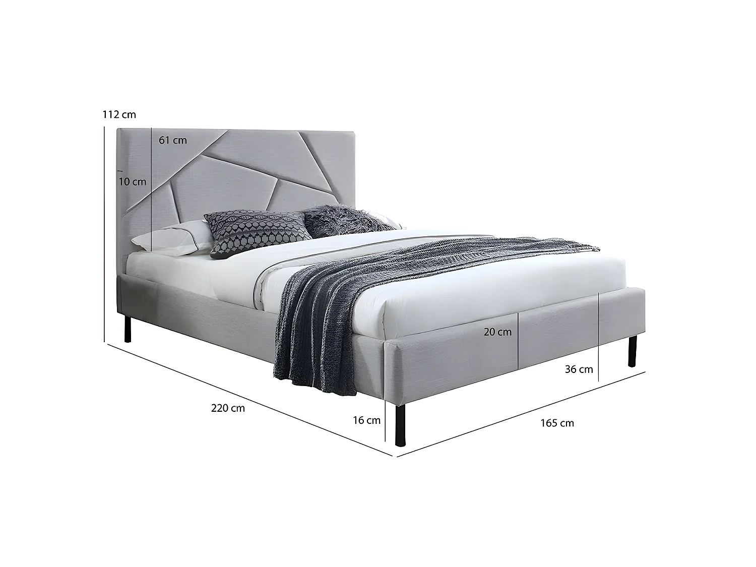 Lit double 160 x 200 cm en tissu gris + sommier fixe - ALASKA