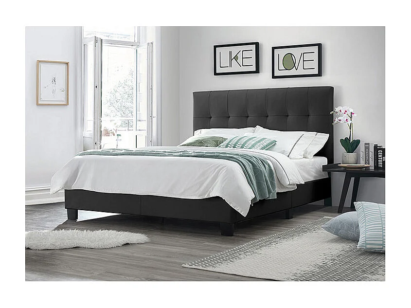 Lit double 140 x 190 cm en simili noir + sommier fixe - PANDORA