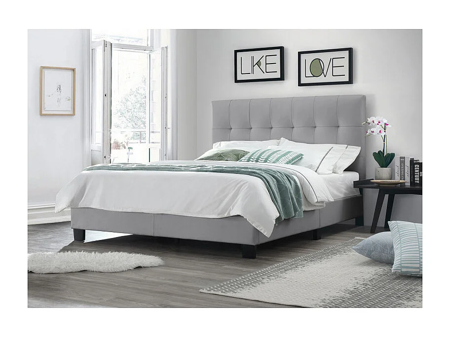 Lit double 160 x 200 cm en simili gris clair + sommier fixe - PANDORA