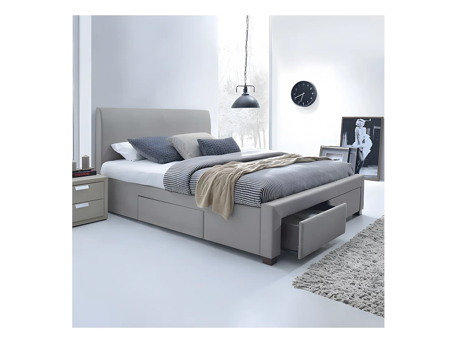Pack lit 140 x 190 cm en tissu avec tiroirs + matelas - VANCOUVER